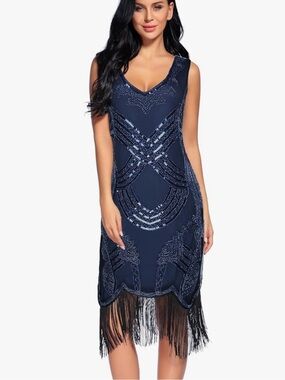Ladies Navy Beaded Fringe Maxi Dress - Elegant Evening Wear